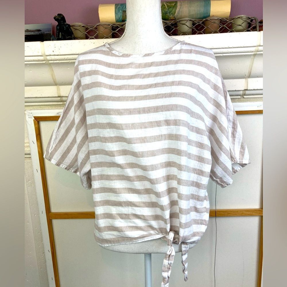 Beachlunchlounge Striped Light brown and White oversized linen blend blouse